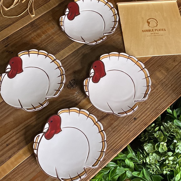 Pottery Barn Thanksgiving Turkey Gobble Appetizer/Dessert Plates in Wooden Box - Picture 3 of 16